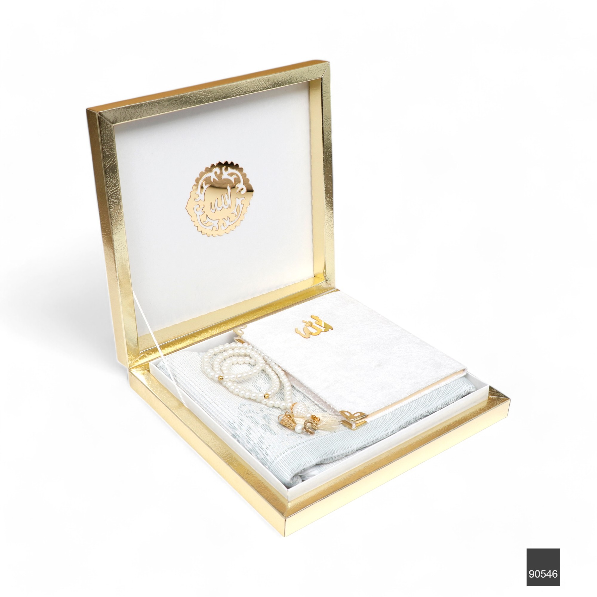 Luks Gold Kutu Icerisinde Seccade Cam Inci Tesbih 128 Sayfa Canta Boy Kadife Yasin Seti