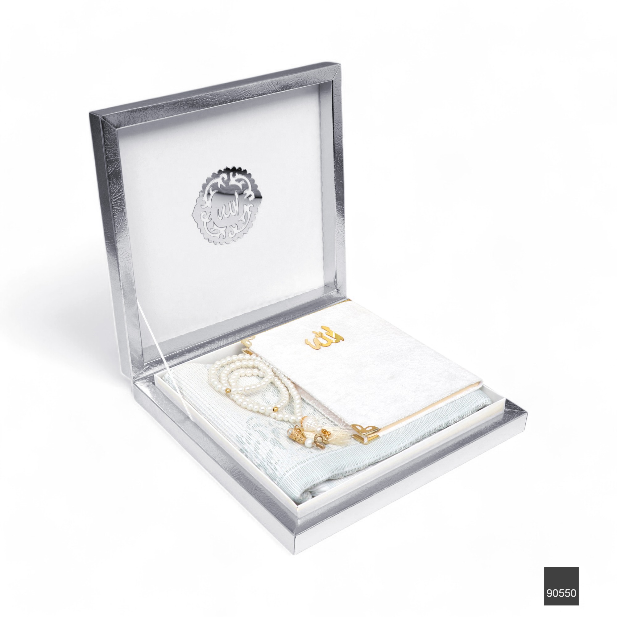 Luks Gumus Kutu Icerisinde Seccade Cam Inci Tesbih 128 Sayfa Canta Boy Kadife Yasin Seti