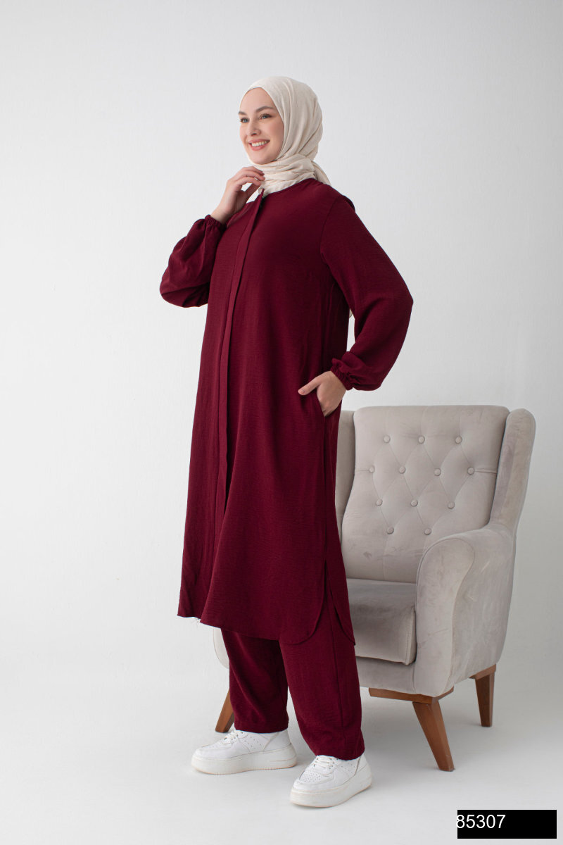 Modamiss Aerobin Kumas Bayan Hac Ve Umre Elbisesi 2 Parca   Bordo