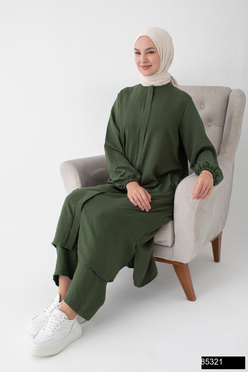 Modamiss Aerobin Kumas Bayan Hac Ve Umre Elbisesi 2 Parca   Haki