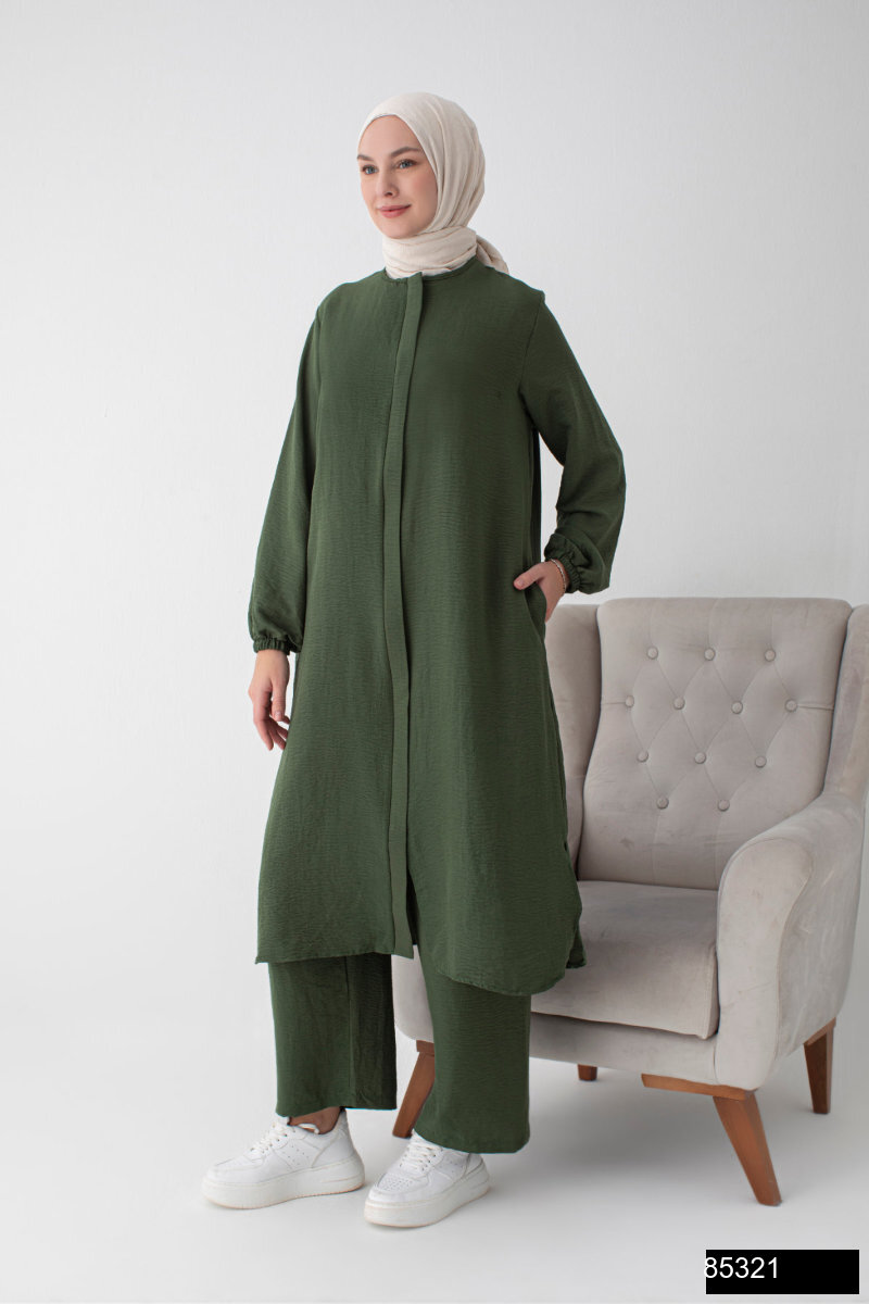 Modamiss Aerobin Kumas Bayan Hac Ve Umre Elbisesi 2 Parca   Haki