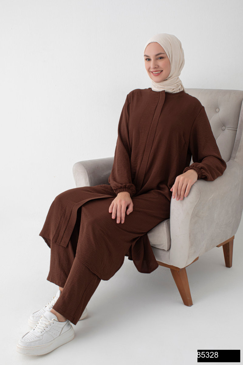 Modamiss Aerobin Kumas Bayan Hac Ve Umre Elbisesi 2 Parca   Kahverengi
