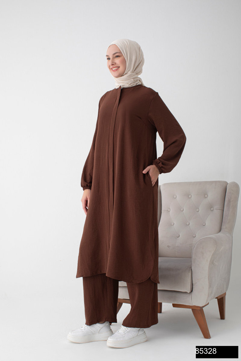 Modamiss Aerobin Kumas Bayan Hac Ve Umre Elbisesi 2 Parca   Kahverengi