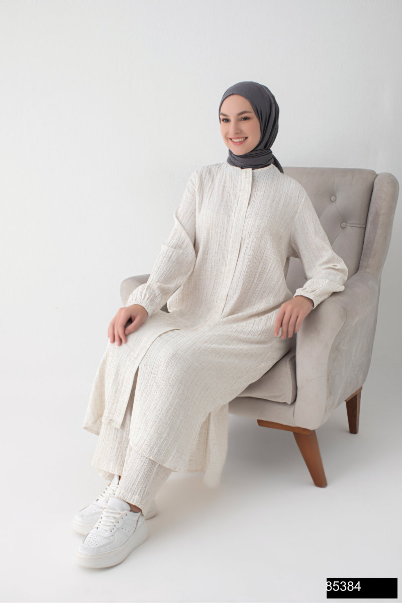 Modamiss Burumcuk Kumas Bayan Hac Ve Umre Elbisesi 2 Parca   Krem