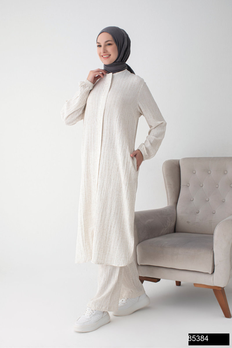 Modamiss Burumcuk Kumas Bayan Hac Ve Umre Elbisesi 2 Parca   Krem