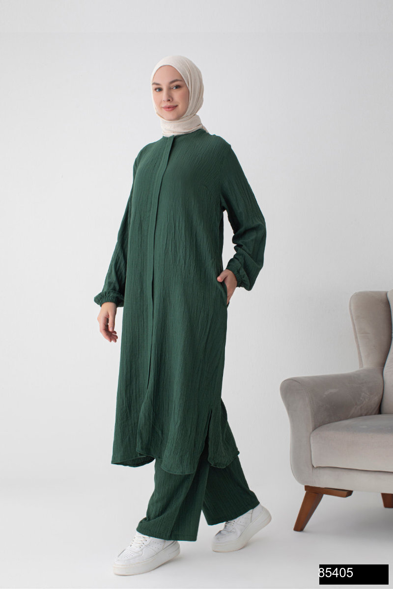 Modamiss Burumcuk Kumas Bayan Hac Ve Umre Elbisesi 2 Parca   Zumrut Yesili