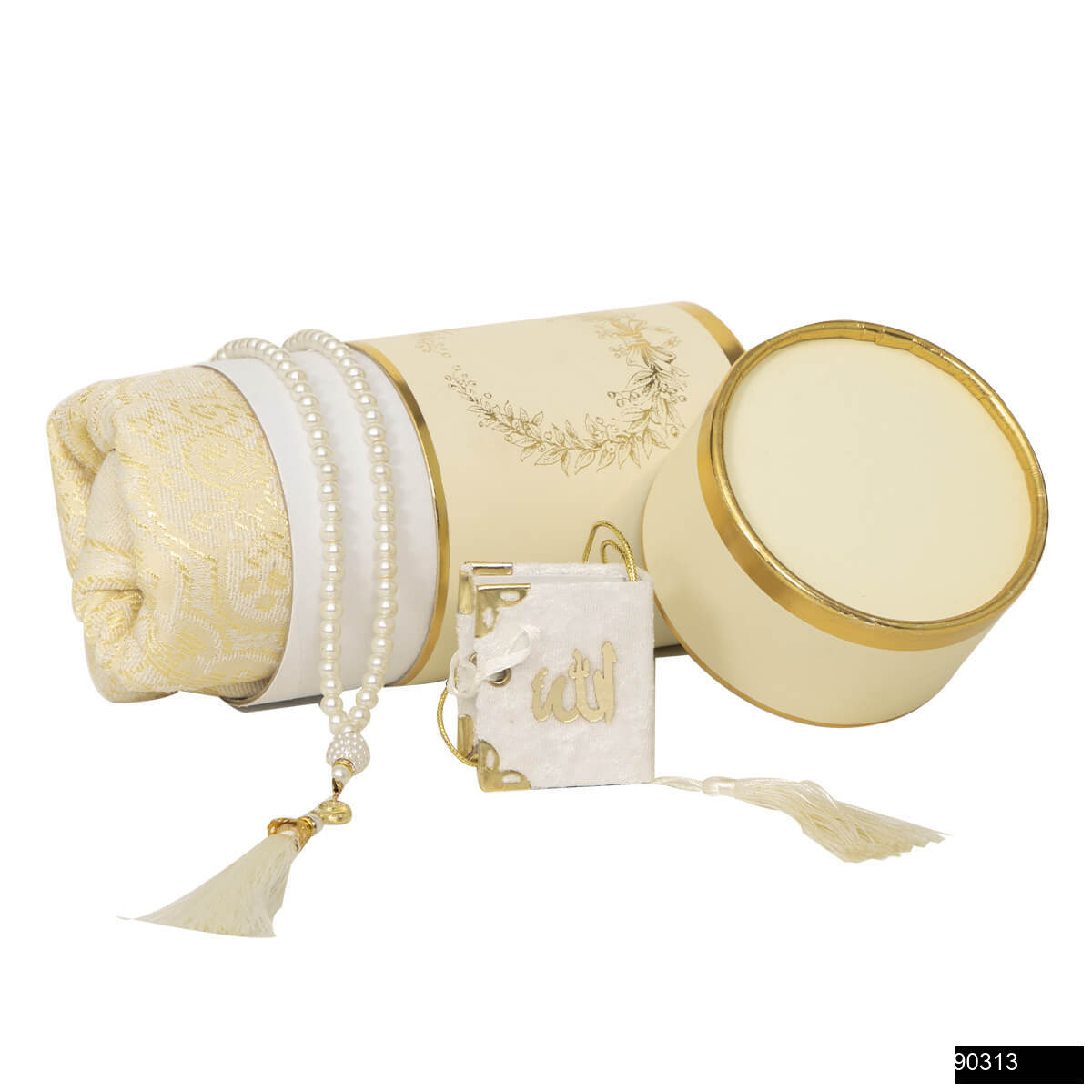 Tac Silindir Kutu Mikro Kadife Puskullu Kuran Luks Tafta Seccade Cam Inci Tesbih Seti