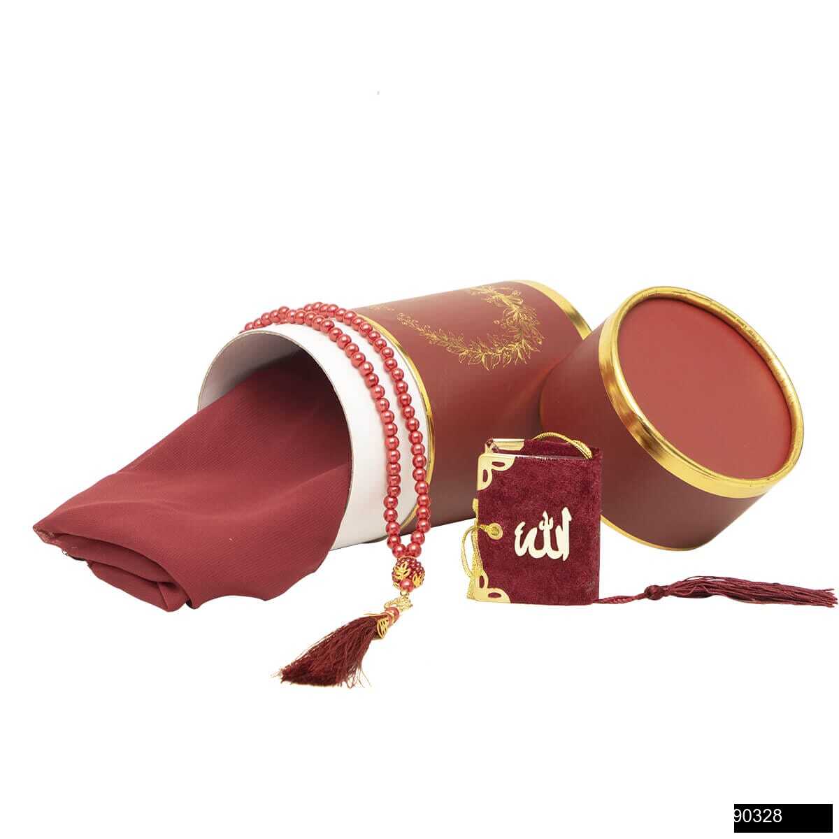 Tac Silindir Kutu Mikro Kadife Puskullu Kuran Namaz Basortusu Cam Inci Tesbih Seti